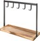 Black Metal Tabletop Key Holder with Burnt Wood Base – Entryway Catchall Organizer with 5 Hooks, Jewelry & Necklace Stand with Ring Tray ((Burnt Wood)